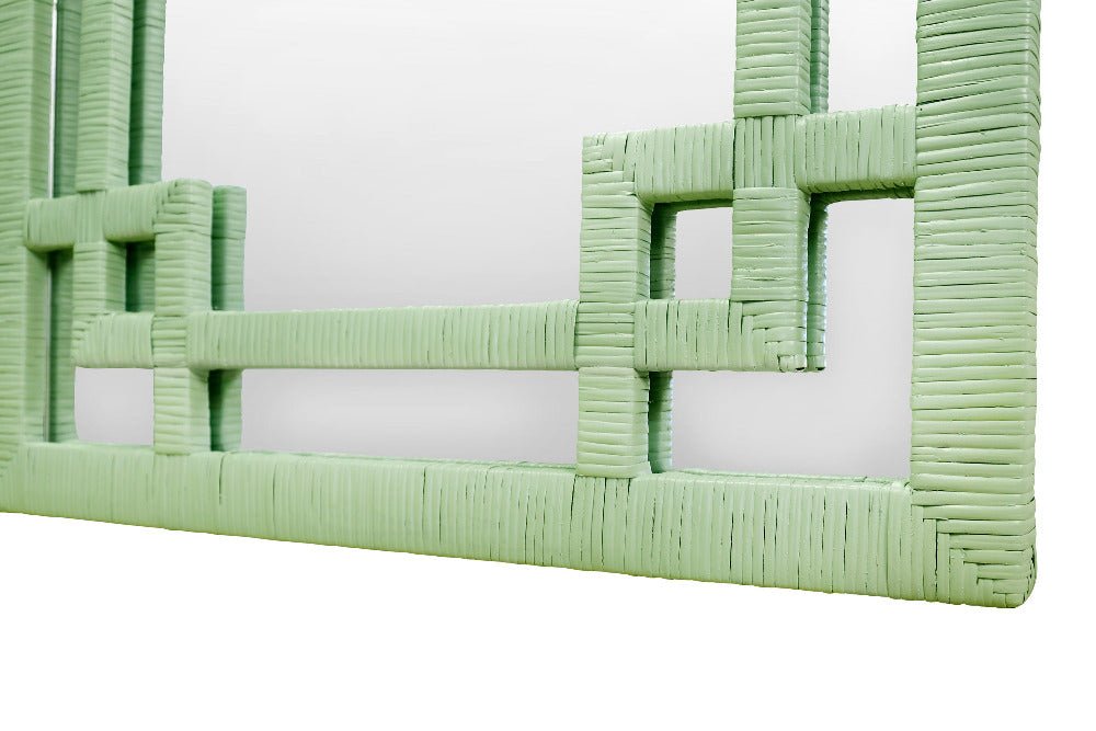 Rhodes Leaf Green Rattan Mirror corner closeup