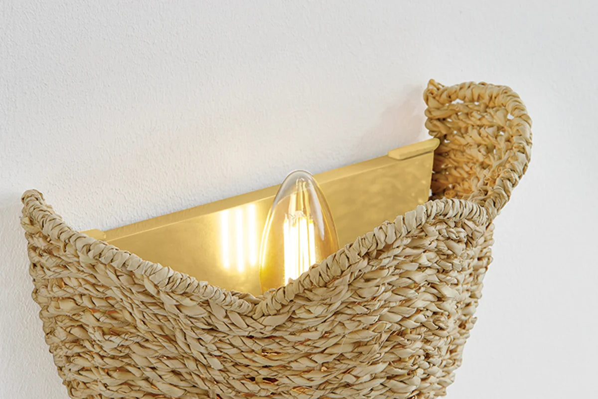 Solie Woven Wall Sconce closeup of brass backplate