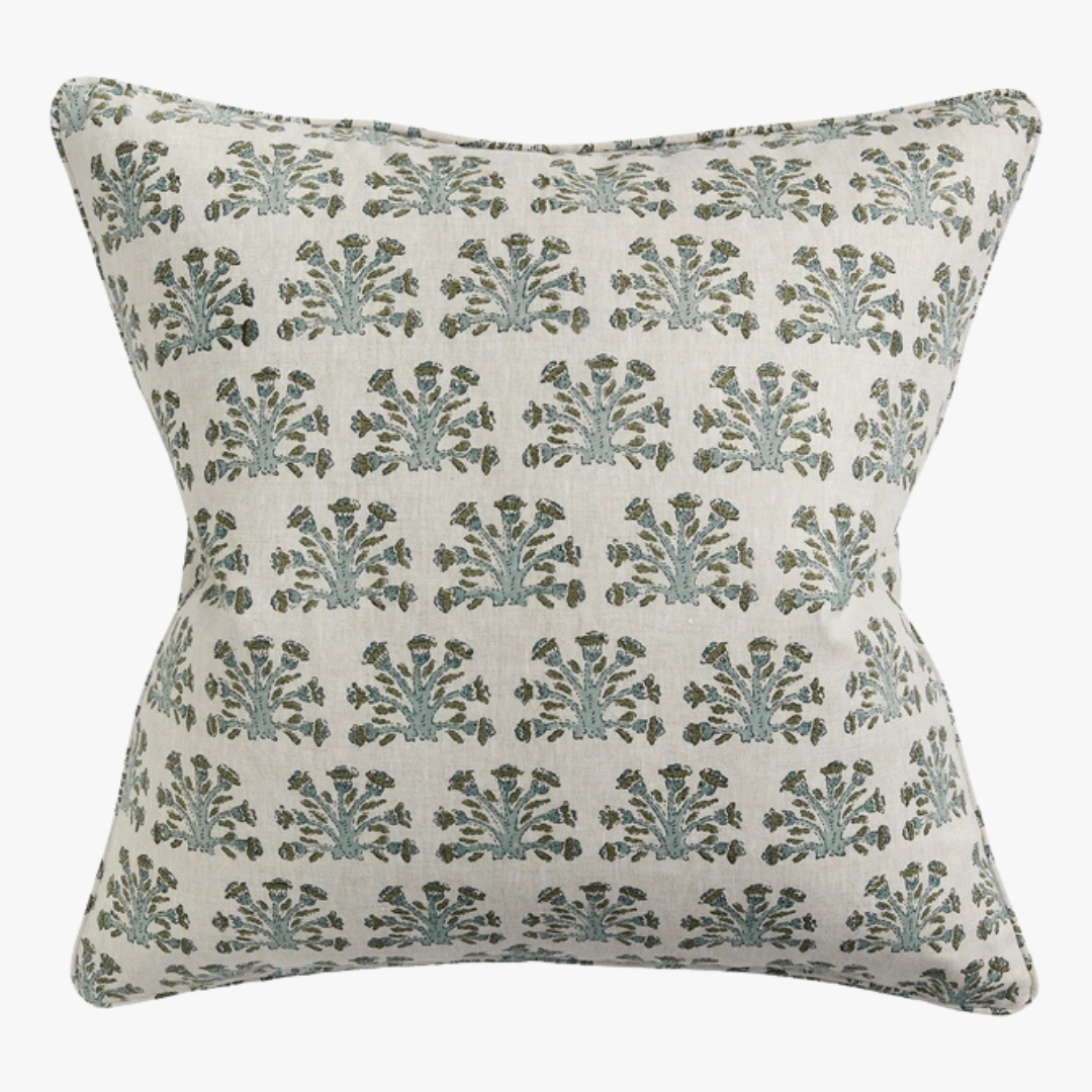 Samode Slate Floral Block Print Linen Pillow Cover