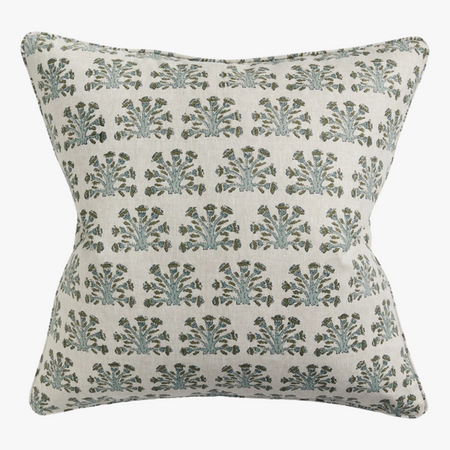 Samode Slate Floral Block Print Linen Pillow Cover
