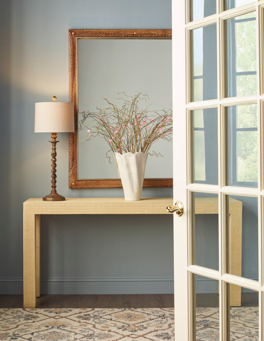 Sanibel Natural Raffia Console styled in entry