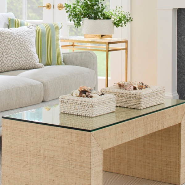 Sanibel Shell Box Set styled on raffia coffee table