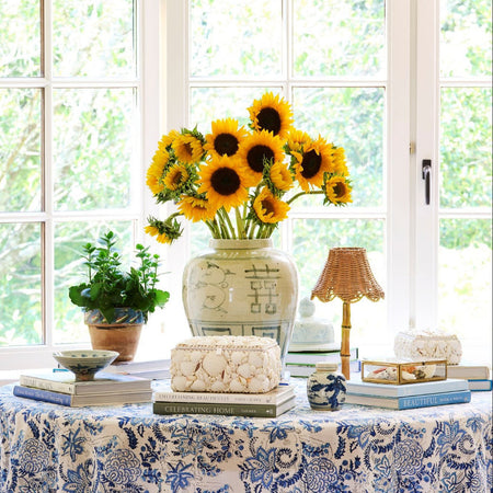 Sanibel White Shell Box Set styled with sunflowers on table