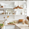 Savannah Woven Rattan Pendant Light in kitchen with open shelving
