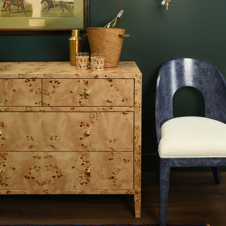 Saxon Burl Wood Dresser styled with ice bucket