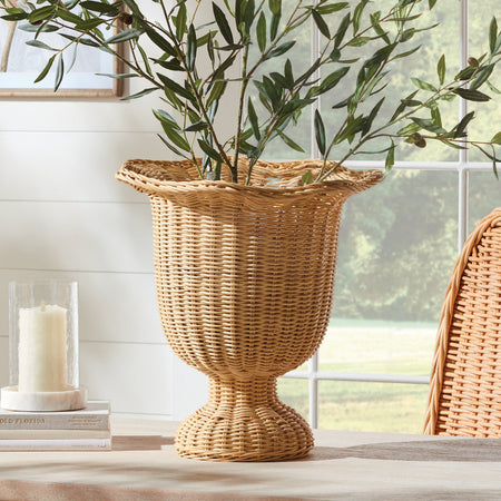Scalloped Edge Wicker Urn with faux greenery