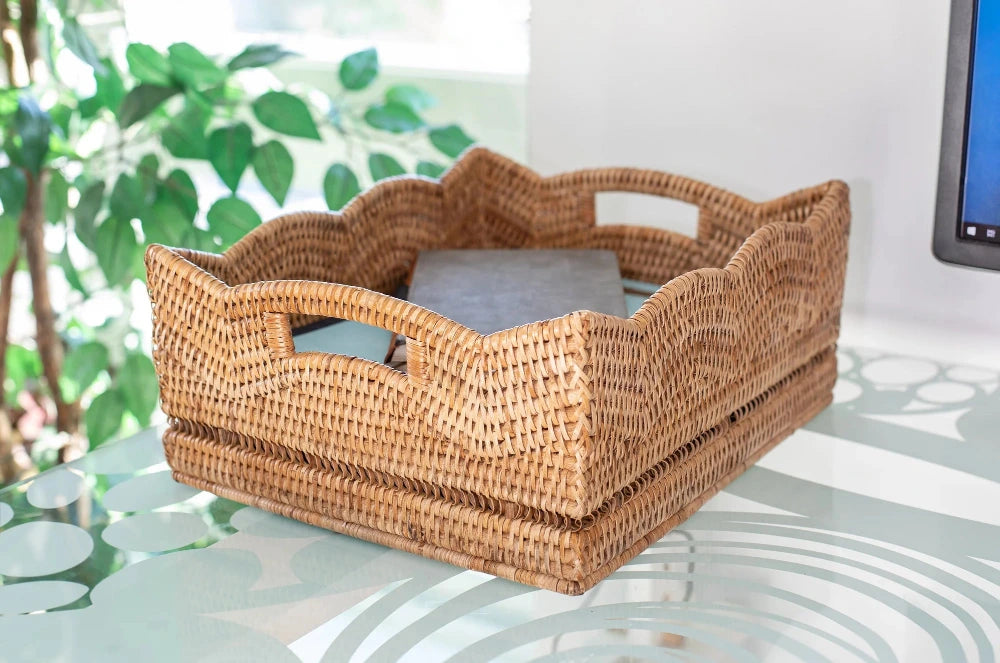 Scalloped Rattan Storage Basket with books