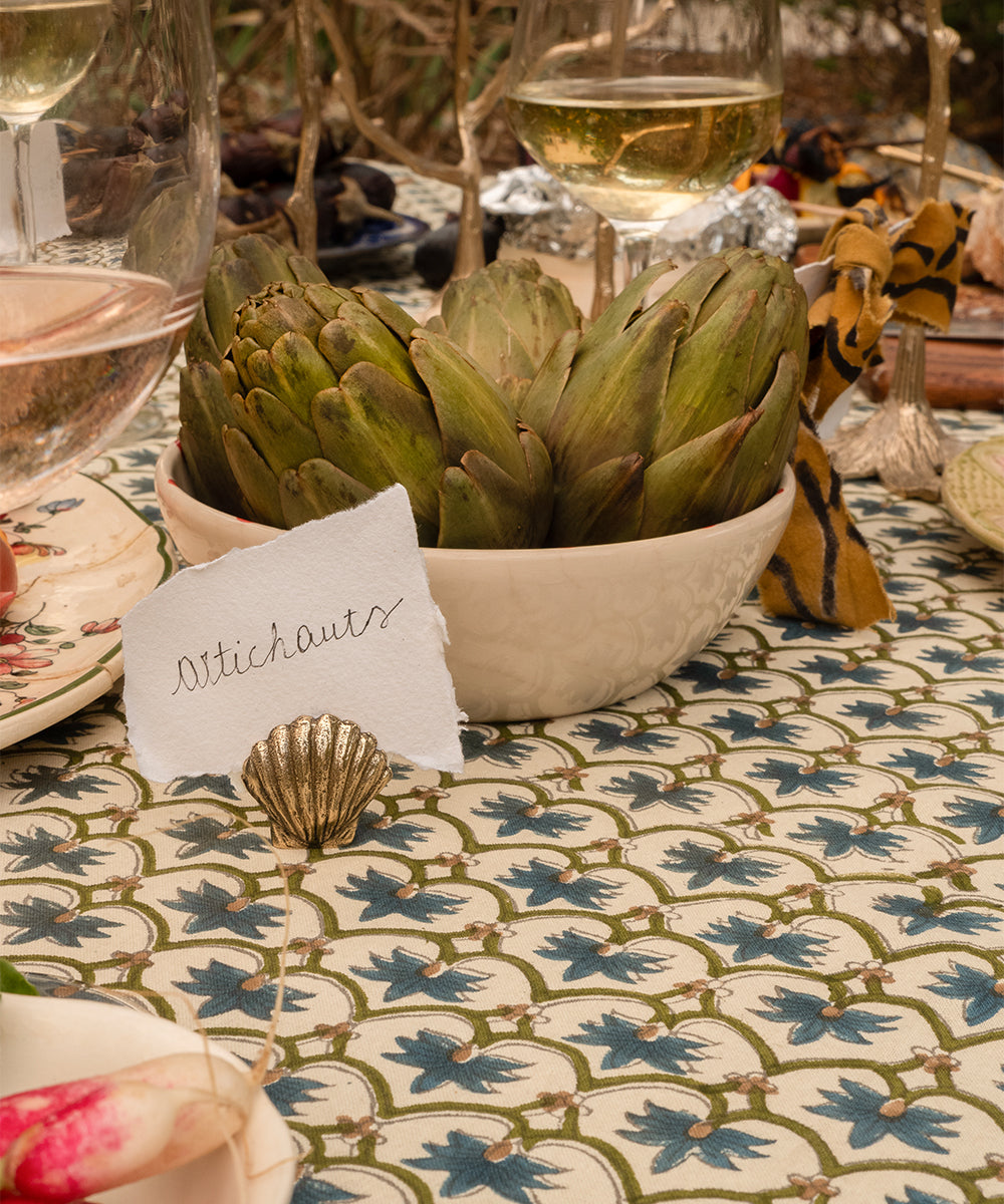 Brass Shell Placecard Holder styled on table