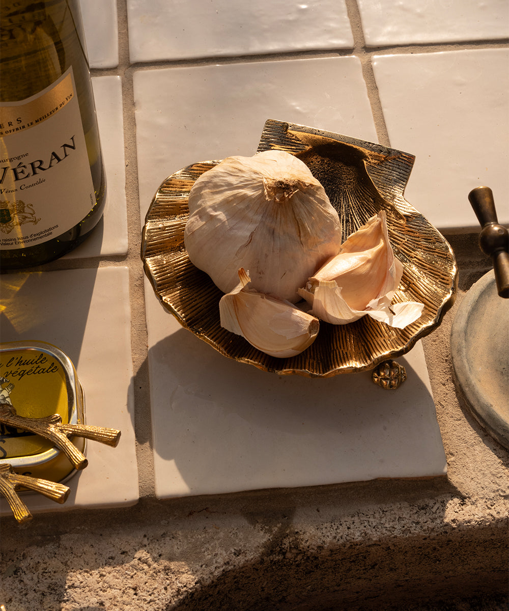 Brass Scallop Shell Footed Trinket Dish styled in kitchen