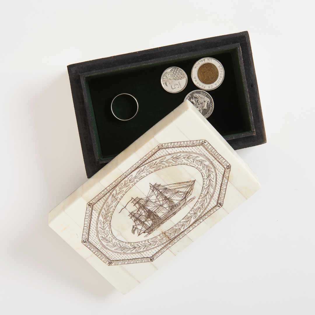 Scrimshaw Boat Trinket Box with coins inside