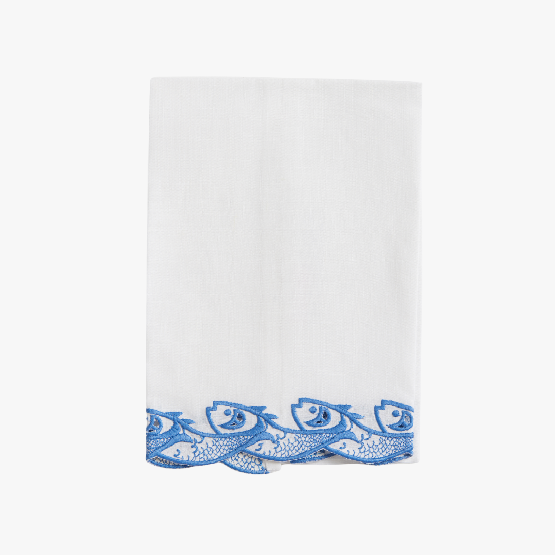 Scrollfish Embroidered Hand Towel - white linen