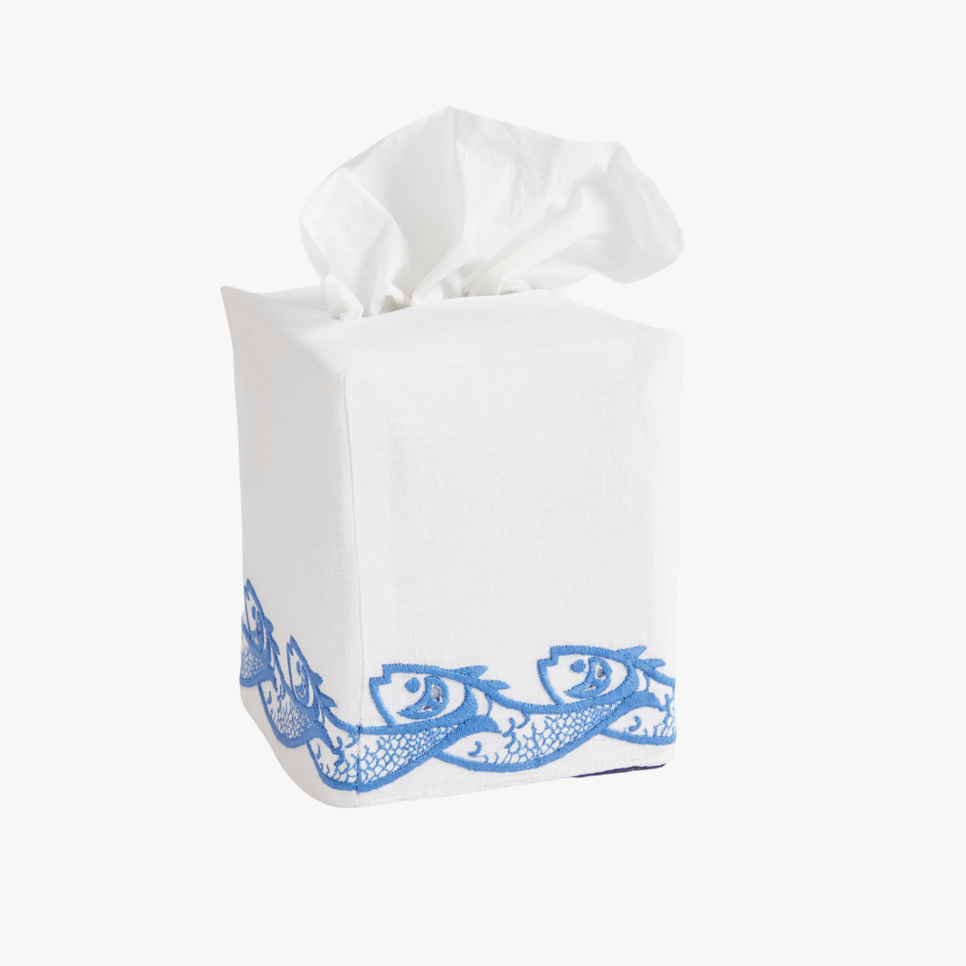 Scrollfish Embroidered White Linen Tissue Box Cover