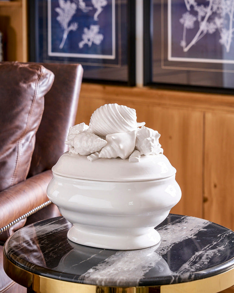 Seashell Ceramic Tureen on marble table