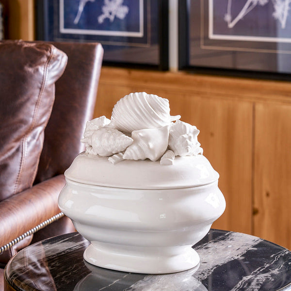 Seashell Ceramic Tureen on marble table