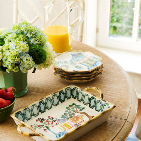 Shangri-La Plate stack and baking dish on breakfast table - Dear Keaton