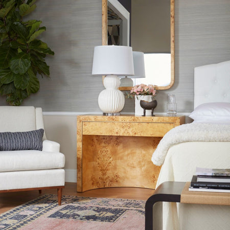 Silas Burl Wood Side Table in bedroom with white lamp