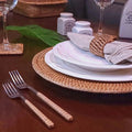 Solid Weave Rattan Charger styled with  white dinnerware
