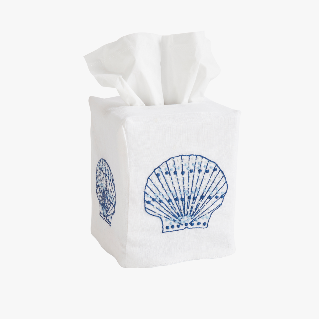 Speckled Shell Tissue Box Cover - Blue on white Linen