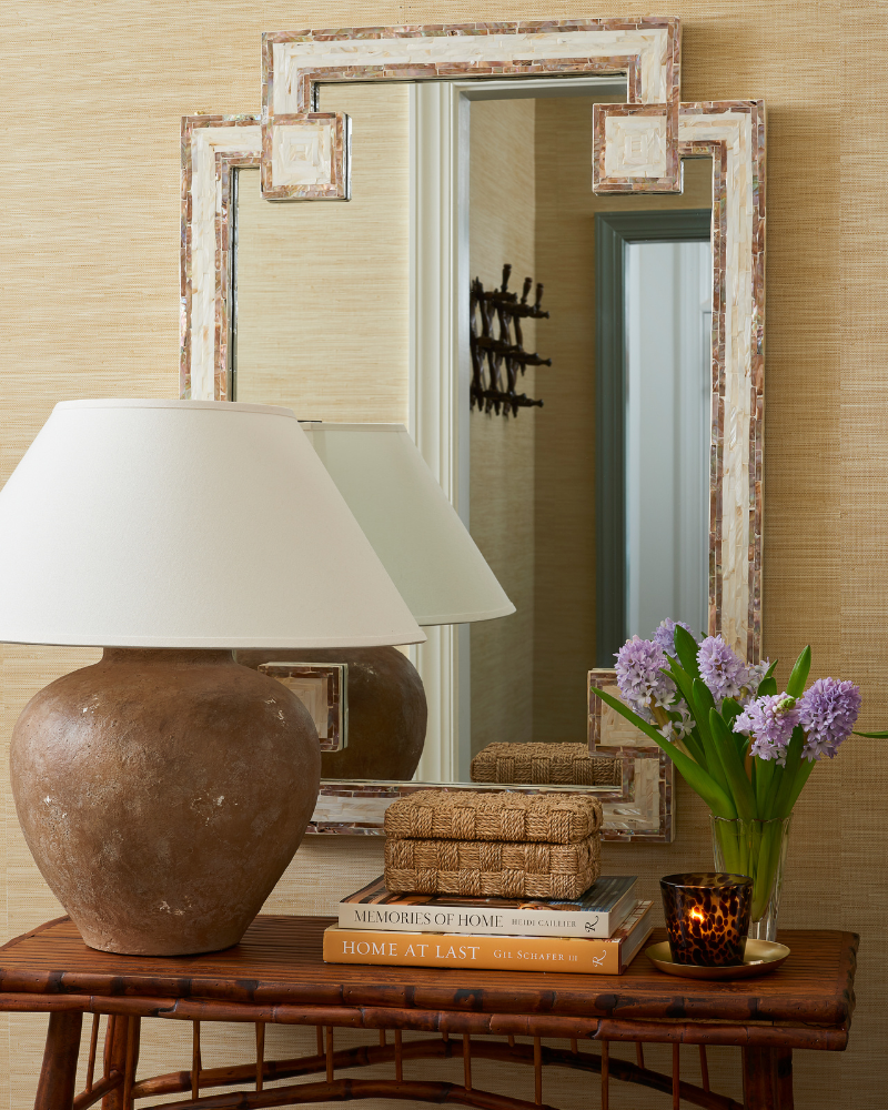 St Barths Mirror Styled with lamp and bamboo table 