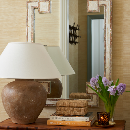 St Barths Mirror Styled with lamp and bamboo table 