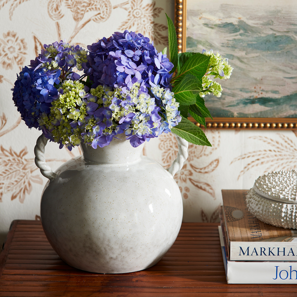 Stroud Twisted Handle Vase styled with blue hydrangeas