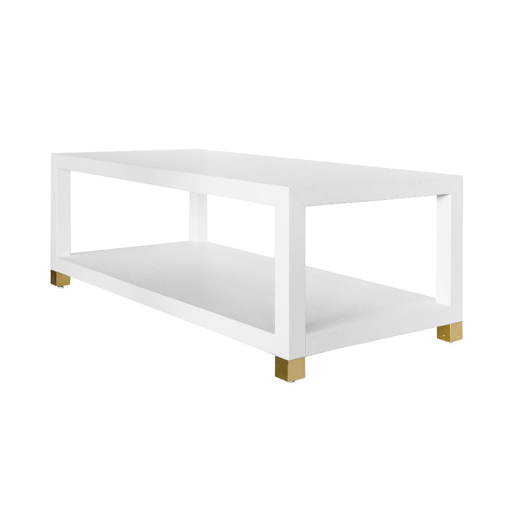 Sudler White Lacquered Linen Coffee Table - brass feet