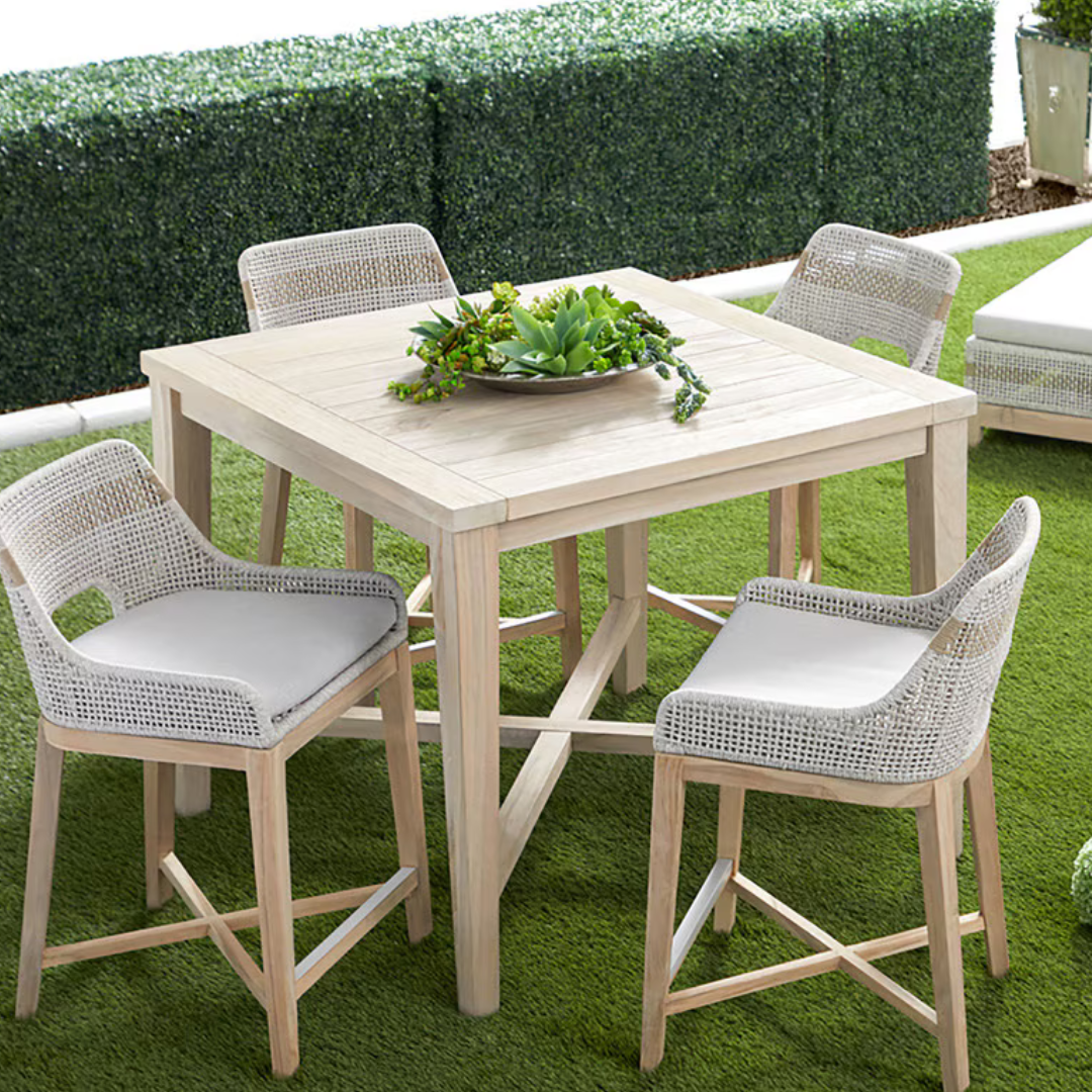 Sullivan Outdoor Counter Stools styled around teak table
