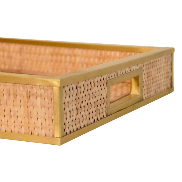 Tobin Rattan Tray Detail - brass side handle