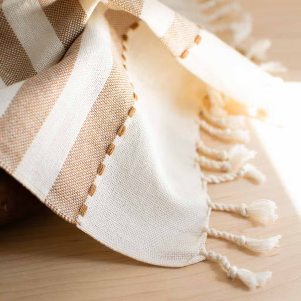 Fair Trade Tan Wide Stripes Hand Towel Fringe Detail