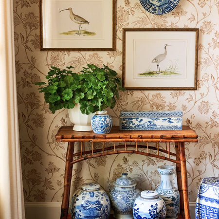 Tortoise Bamboo Occasional Table styled with blue and white chinoiserie decor- Dear Keaton