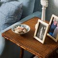 Tortoise Bamboo Square Accent Table texture top with Etched Bone Photo Frames