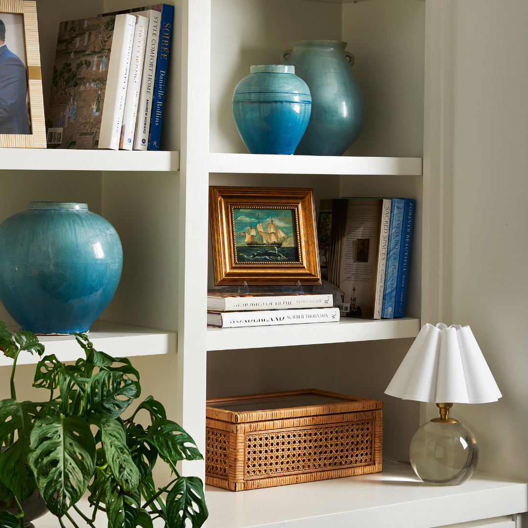 Trancoso Blue Ceramic Pots styled on shelves with Giorgio Mini Lamp
