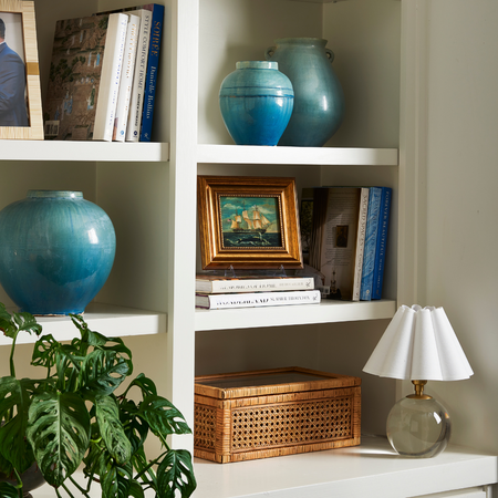 Trancoso Blue Ceramic Pots styled on shelves with Giorgio Mini Lamp
