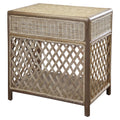 Wicker side table with lattice design on a white background