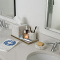 Twin Tigers hand towel styled in bathroom with marble accessories