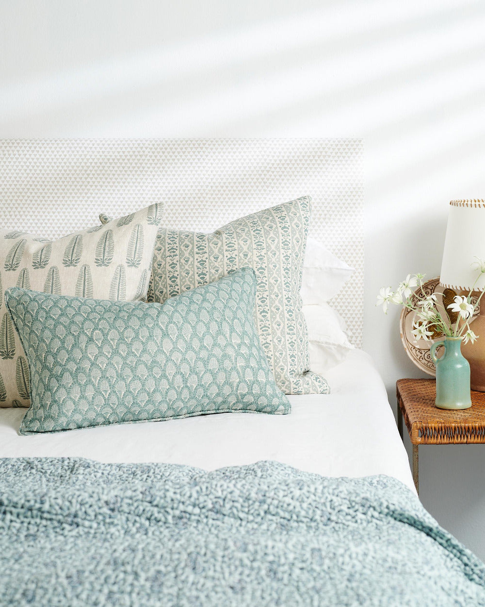 Ubud Tahoe Quilt on Bed With Scopello Celadon Lumbar