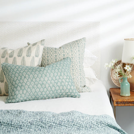 Ubud Tahoe Quilt on Bed With Scopello Celadon Lumbar