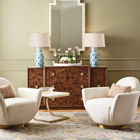 Ungaro Sky Blue Lamps styled on burl sideboard