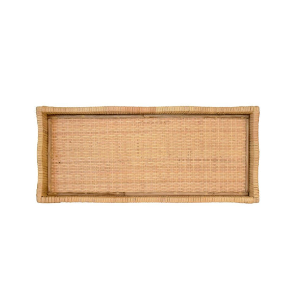 Wave Rattan Wrapped Large Tray on blue desk - Small top view
