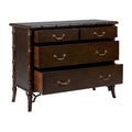 Dark wood dresser with four drawers and brass handles on a white background