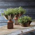 Weathered Metal Handkerchief Planter with pedestal planters on table