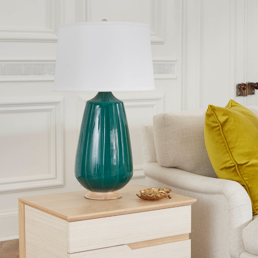 Aurora Emerald Green Lamp and linen shade styled on side table