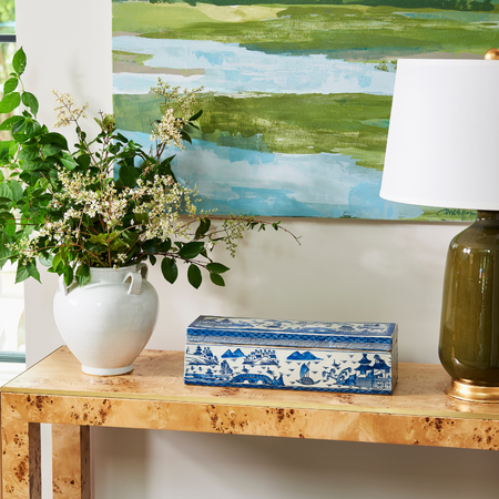 Blue Canton Porcelain Box Styled on Burlwood Console Table - Dear Keaton