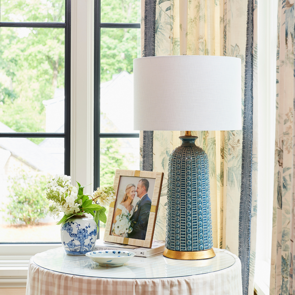 Blue Ceramic Table Lamp Styled in Bedroom - Dear Keaton