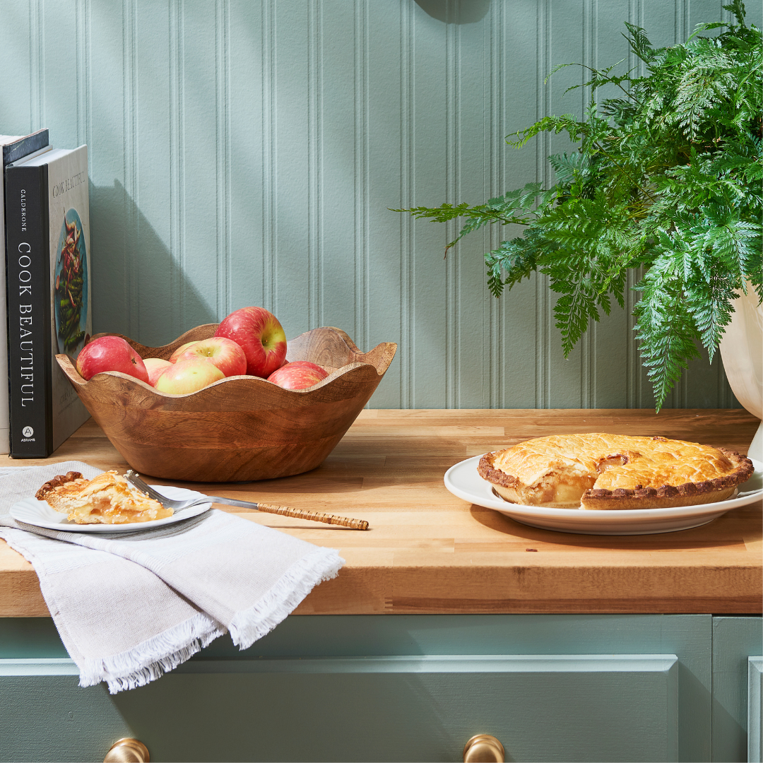 Scalloped Wood Fruit Bowl Styled in Kitchen