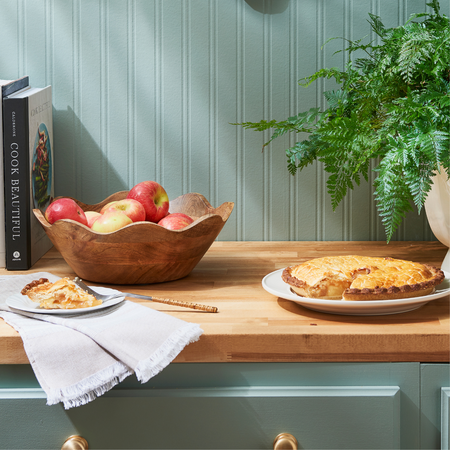Scalloped Wood Fruit Bowl Styled in Kitchen
