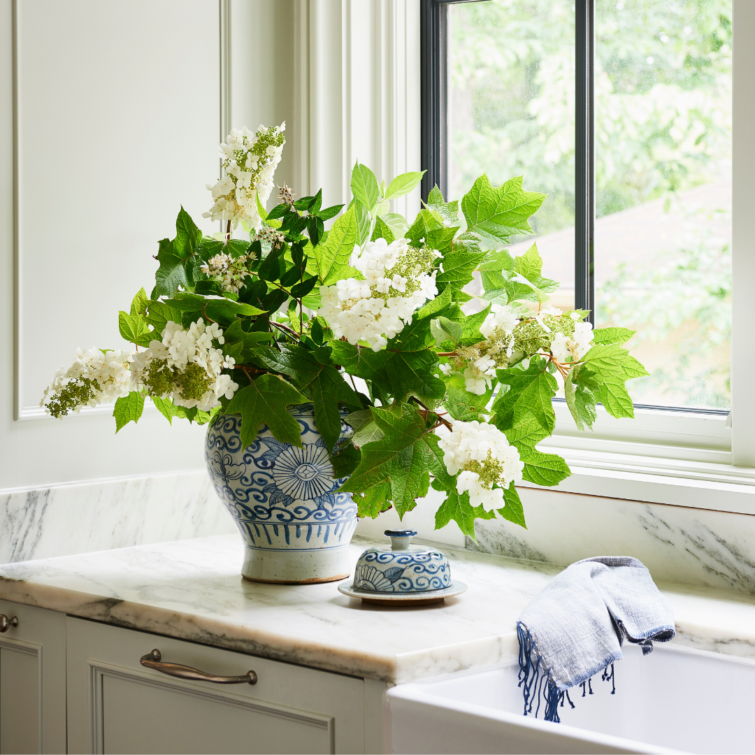 Blue Sunflower Temple Jar Styled in Kitchen - Dear Keaton