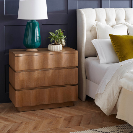 Breakers Oak Side Table - Nightstand styled in bedroom with Aurora Lamp