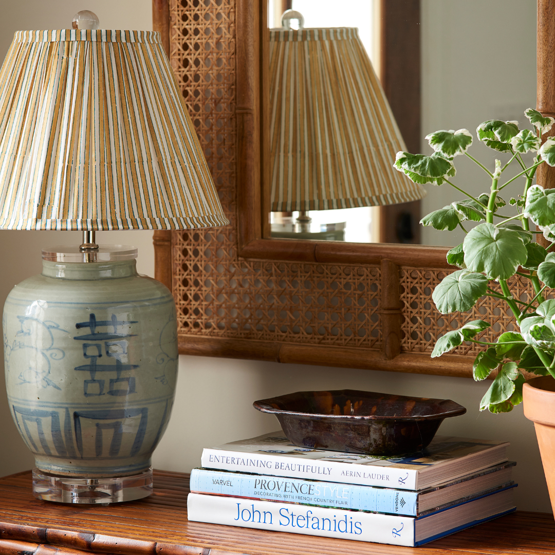 Marigold Stripe Gathered Lamp Shade styled on blue ceramic lamp