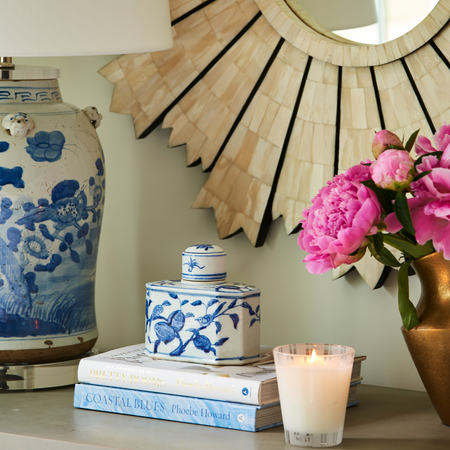 Pomegranate Lidded Vessel styled with peonies and candle 